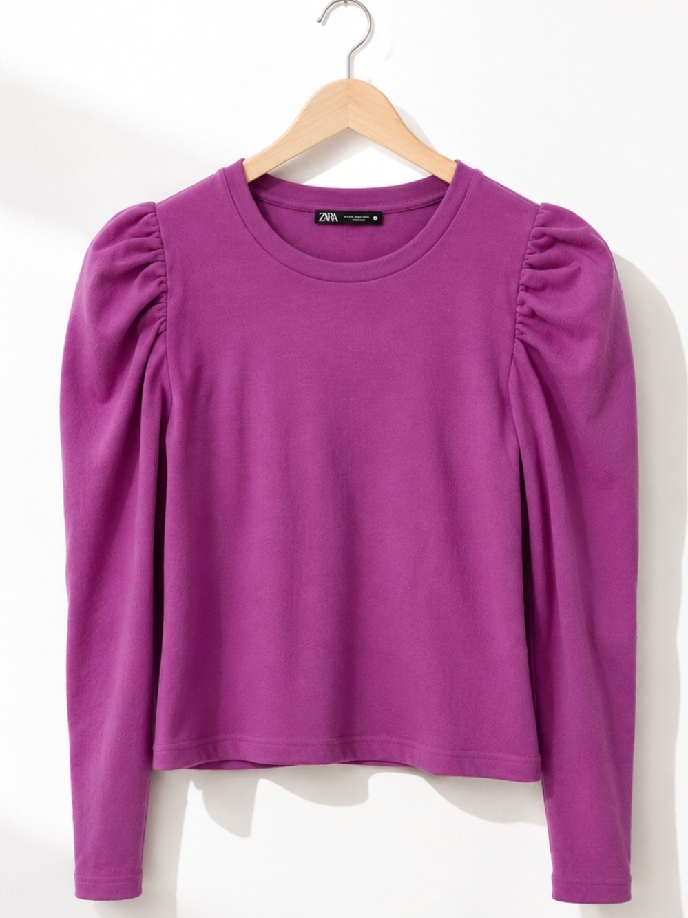 ZARA Puff Sleeve Knit Top Purple Long Sleeve Crew Neck Statement Shoulder Blouse - Picture 3 of 5